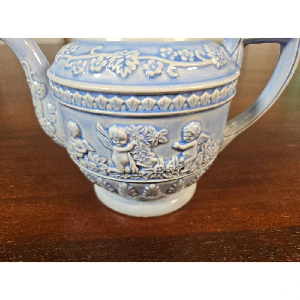 Teapot Unisex Small Blue Cherub Relief Floral Ceramic Made in Japan